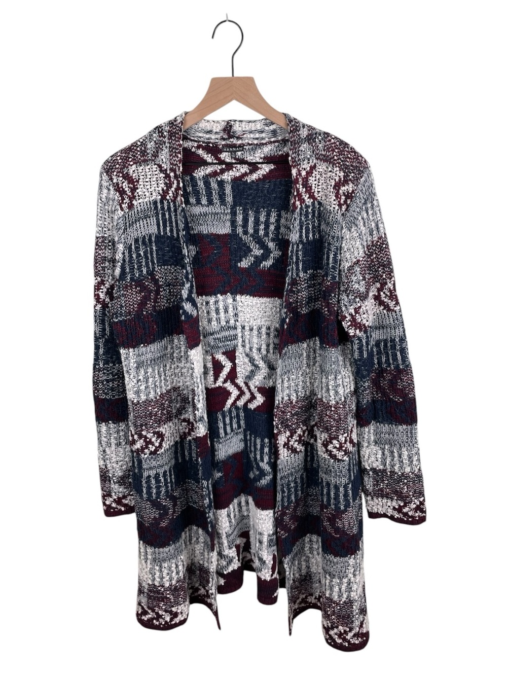 Hannah Chevron Patchwork Open Front Knit Cardigan Sweater Size Large Navy Maroon